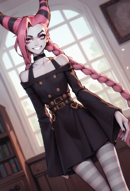 score_9, score_8_up, score_7_up, score_6_up, PRSNL, source_anime, jinx, jinx (dc), colored skin, grey skin, hair horns, pink eyes, pink hair,, choker, long sleeves, pantyhose, striped clothes, striped pantyhose, black dress, wide sleeves, collarbone,, indoors, smile, looking at viewer, solo,, cowboy shot, dutch angle