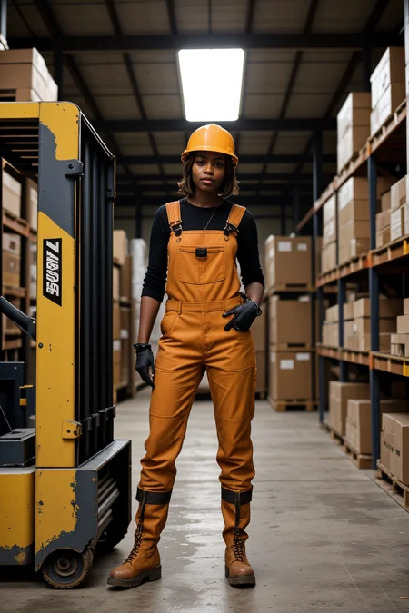 <lora:LCM_LoRA_Weights_SD15:1>,<lora:detail_slider_v4:1.1>,(tough construction worker) 42yo old middle-aged Woman, lithe build, long brown bob cut hair, african, dark skin, black eyes, wearing a construction helmet, orange designer work shirt, insulated overalls, leather boots, reflective safety vest, carrying a toolbox,safety vest, set in a busy warehouse, with loading docks, stacks of boxes, forklifts moving materials, and safety equipment,dutch angle:1.1,(full body portrait:1.3),(wide shot:1.3),Vintage fashion style, embraces clothing and accessories from previous eras, celebrates timeless designs and craftsmanship, allows for unique and one-of-a-kind looks, evokes nostalgia and a sense of history,