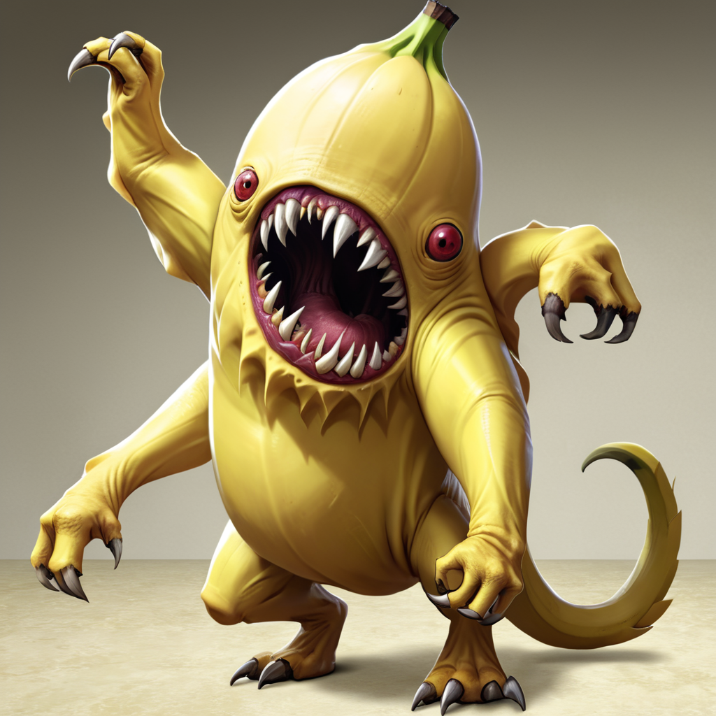 <lora:monster_foodXL:0.8>,monster_food, masterpiece,high resolution,detail,
 no humans, solo, teeth, pokemon (creature), claws, monster, standing, sharp teeth, full body, realistic,banana monster