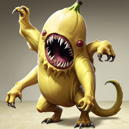 <lora:monster_foodXL:0.8>,monster_food, masterpiece,high resolution,detail,
 no humans, solo, teeth, pokemon (creature), claws, monster, standing, sharp teeth, full body, realistic,banana monster