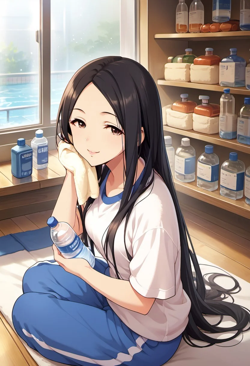 score_9, score_8_up, score_7_up, source_anime,hiiragi shino, black hair, brown eyes, long hair, 1girl, solo, bottle, towel, pants, water bottle, sitting, looking at viewer, smile, shirt, track pants