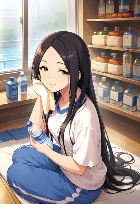 score_9, score_8_up, score_7_up, source_anime,hiiragi shino, black hair, brown eyes, long hair, 1girl, solo, bottle, towel, pants, water bottle, sitting, looking at viewer, smile, shirt, track pants