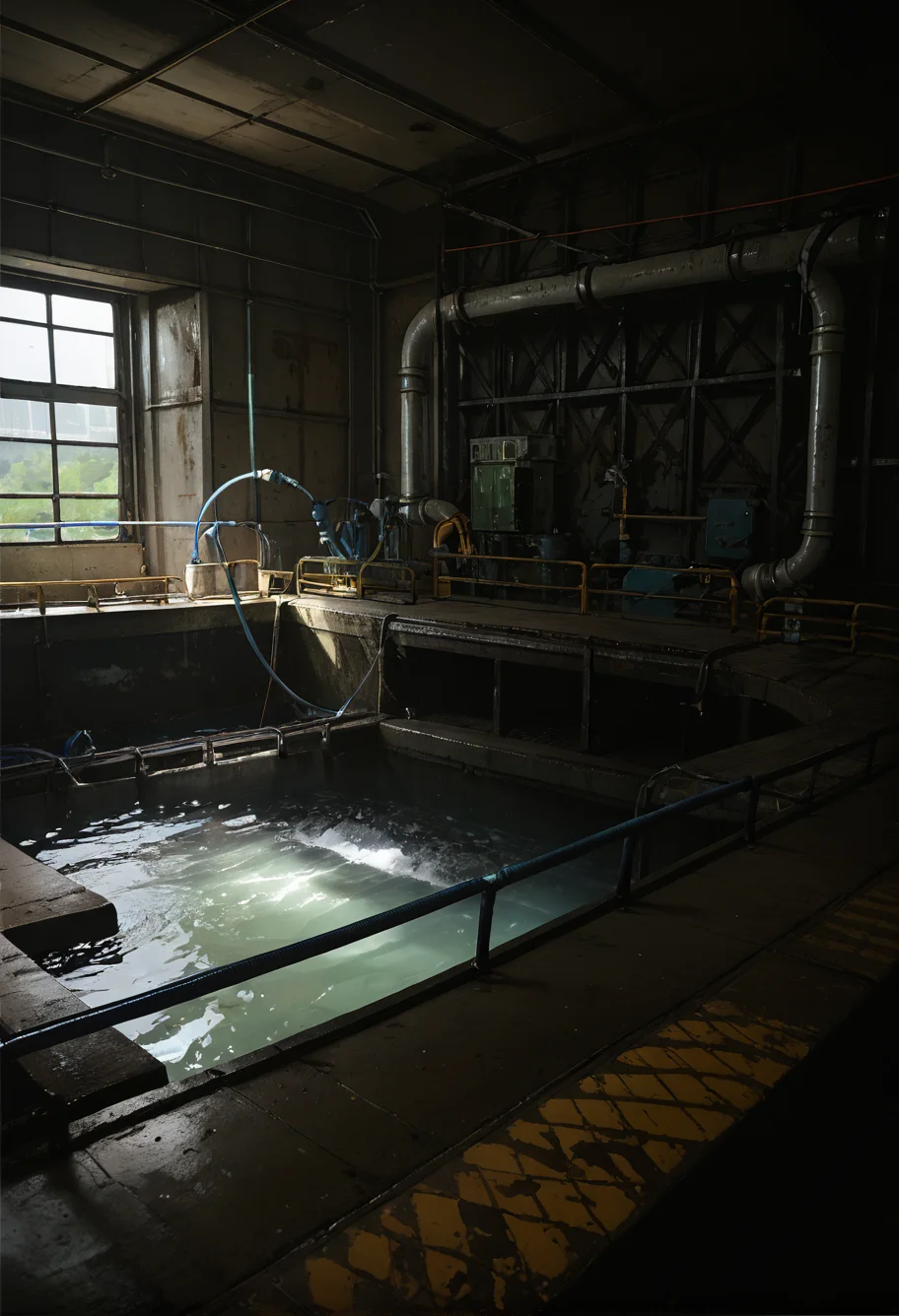 ,ruanyi0826,water,cable,indoors,drainpipe,dark,<lora:0826 abandoned sewer_v1_pony:1>, score_9,score_8_up,score_7_up,,8k,1girl,solo,,
