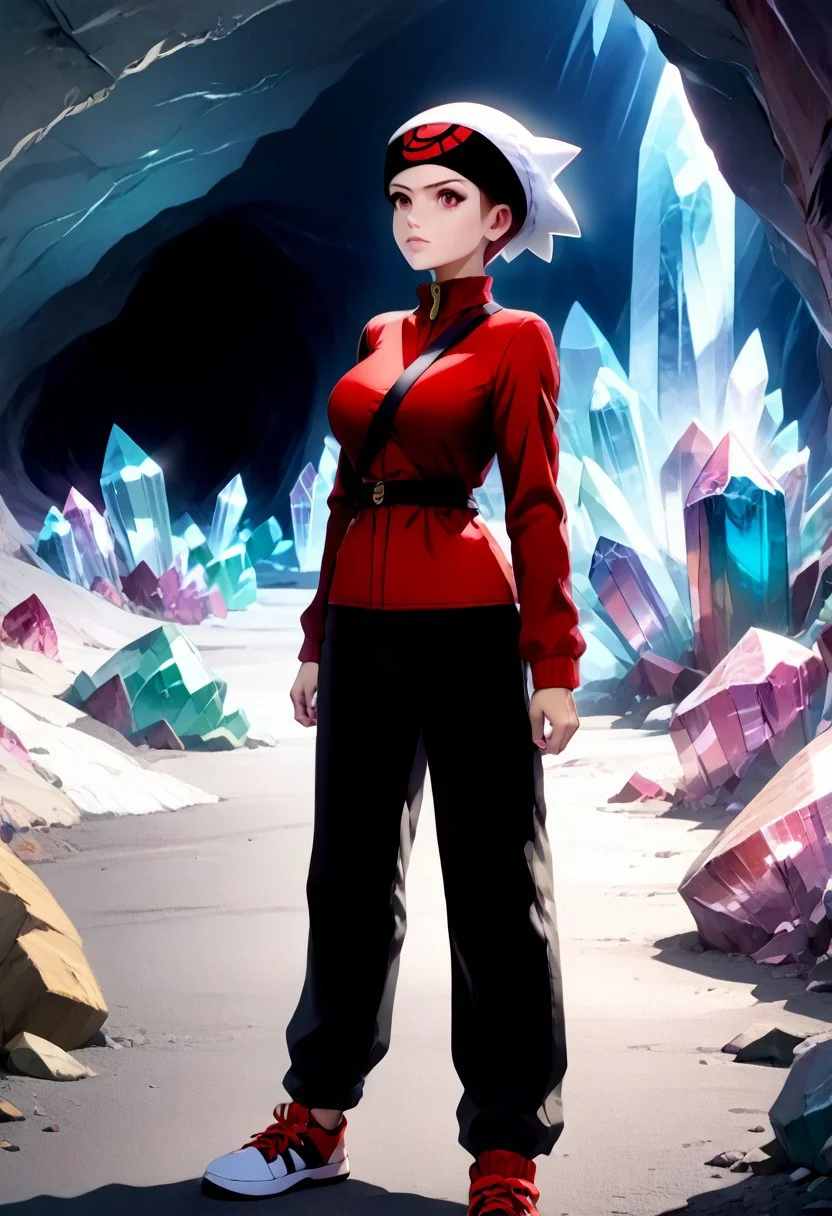 {genderswap \(mtf\), mtf, full body, simple background, standing, ((adult:3.0)), 1woman, adult woman:2.0, solo, full body render, pixie cut, large breasts, bag strap in between breasts, brendan_ruby, black hair, red eyes, white beanie, black headband, yellow fingerless glove, long black with red sleeve jacket, red with black sneakers, black pants, yellow backpack, }
Cryscavemb, crystal, cave, crystal cavern, crystals, 
4kFacePonyXL, 3DMM,