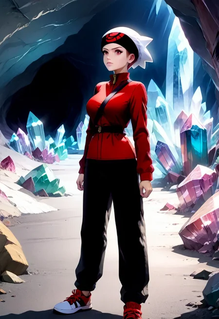 {genderswap \(mtf\), mtf, full body, simple background, standing, ((adult:3.0)), 1woman, adult woman:2.0, solo, full body render, pixie cut, large breasts, bag strap in between breasts, brendan_ruby, black hair, red eyes, white beanie, black headband, yellow fingerless glove, long black with red sleeve jacket, red with black sneakers, black pants, yellow backpack, }
Cryscavemb, crystal, cave, crystal cavern, crystals, 
4kFacePonyXL, 3DMM,
