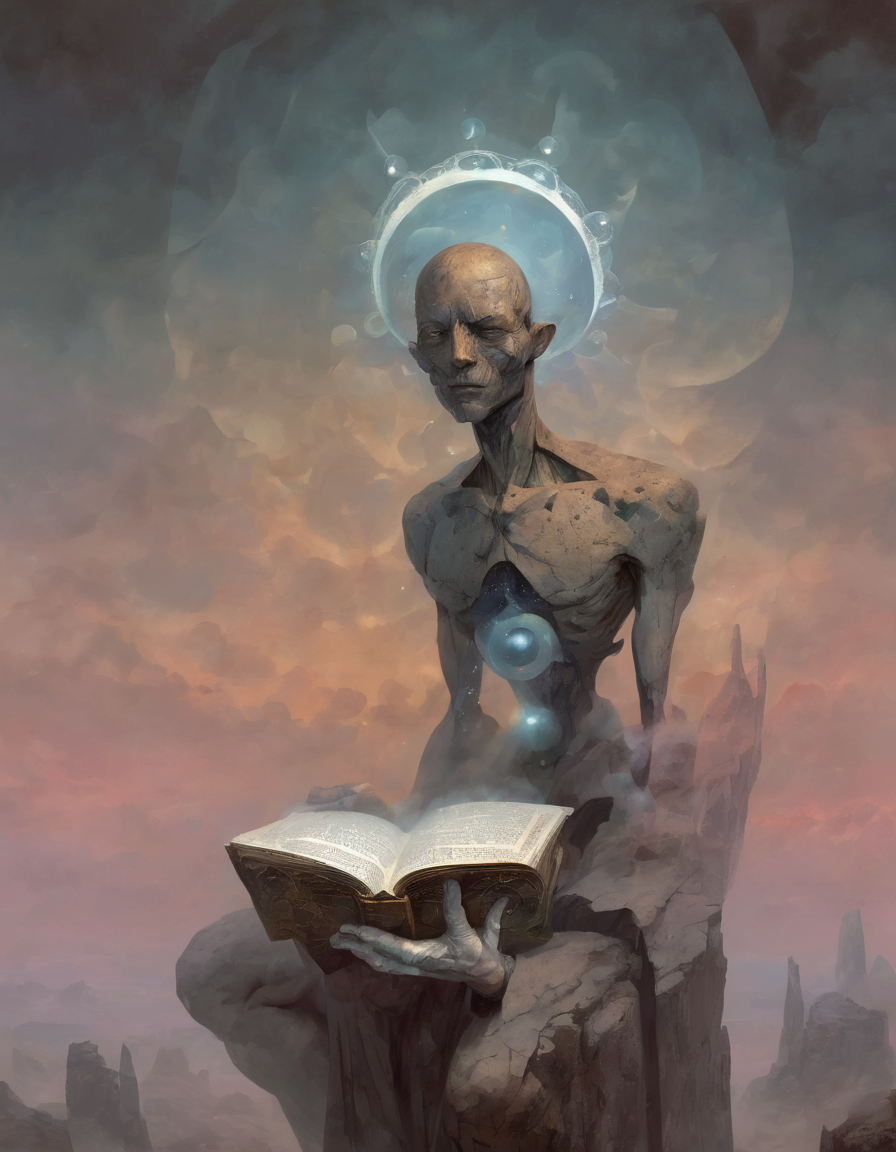 <lora:ptm0-000007:0.8>ptm0 a painting of a man with a head made out of a half moon three pointed stone with floating orbs levitating around him pressing his palms together with a paper insect like body made out of thin flexible rocks, muted colors, light shining from behind, abstract, surreal, beksinkski, horror, dark art,  floating in the air, Bastien L. Deharme, magic the gathering artwork, an ultrafine detailed painting, altermodern