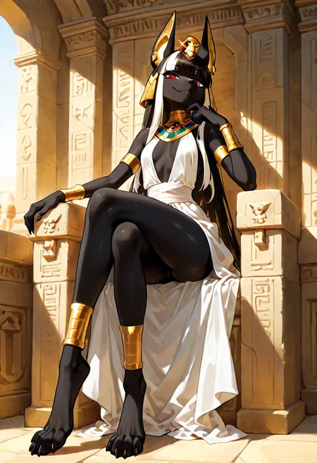 ((Anime illustration)) ((Incarnate detail)) ((Masterpiece)) ((Highest quality)), inside, best quality, high quality, sensual, very aesthetic, background wall, egyptian temple, front view, front angle,  BREAK
1male, muscler male, male's kneeling female front position,
BREAK
((large female)), long snout, beautiful female, Sitting on a throne of stone, crossed legs, hand on chin, white plunging neckline, long skirt, tall and lean figure female, female looking down, long figure, smug, anthro female, furry female, (black skin, red eyes, female anubis),  (black hair, super long hair, white highlights hair), ((super sharp body, slim arms, long thin legs)), flat breasts,gold cuff rings,  bandage tied legs and arms,
