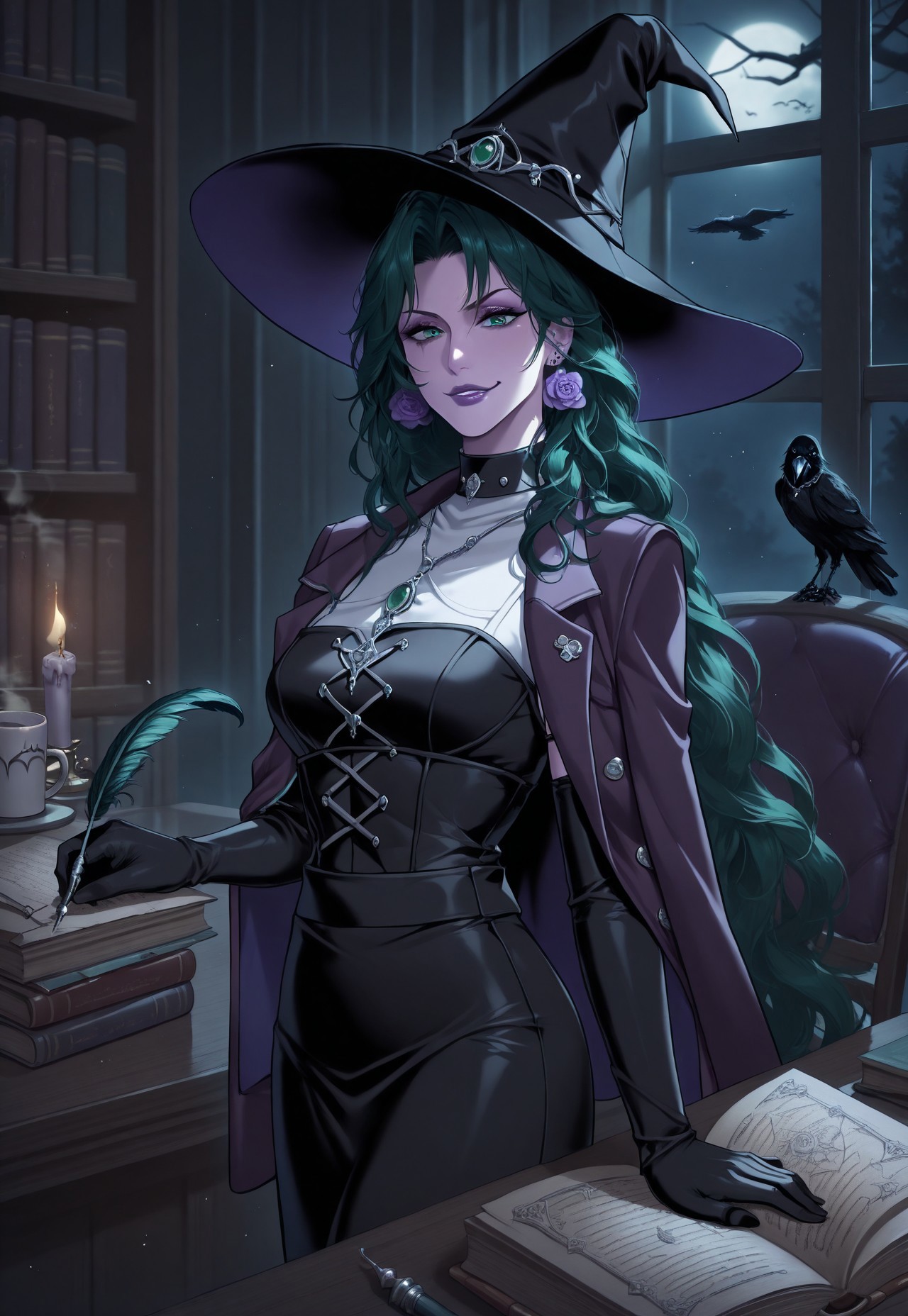 masterpiece, best quality, newest, absurdres, from side, highres, solo, mature female, ravenptn, witch, green hair, parted bangs, very long hair, green eyes, purple lips, choker necklace, jewellery, floral earrings, gothic, Fitted bodice, sleeveless, skirt, wide-brimmed hat, jacket on shoulders, black elbow gloves, purple, makeup, looking at viewer, indoors, old library, table, chair, books, bird, crow, standing, holding a quill, writing in book, single candle, serious eyes, parted lips, smirk, indoors, dark, night, moonlight, steaming mug