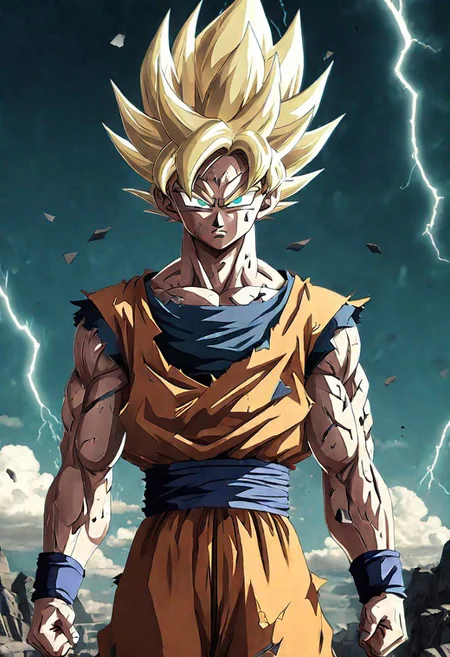 (Ultrarealist:1.5) (Son Goku Sayan:1.5) (Sayan Namek:1.3), (Clothes 100% Broken:1.5),8k, frontal pose, ultradetailed background, beautiful photography, (soft fur:1.3), expressive eyes, sunset glow, Serious, (solo:1.0)Lightning bolts,Posture(ultradetailed eyes:1.5)