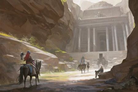 a painting of a man riding a horse through a cave with a man on horseback next to him and another man on a horse
