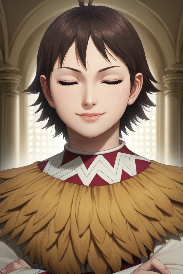 score_9, score_8_up, score_7_up, , rating_safe, , (photorealistic:0.6), , , 1girl, solo, <lora:he_liao_diao_pony:0.98>, he_liao_diao, brown hair, blue eyes, short hair, lips, close-up, palace, indoors, light, crossed arms, (closed eyes:1.2), smile, ,, <lora:sdxl_lightning_8step_lora:1>