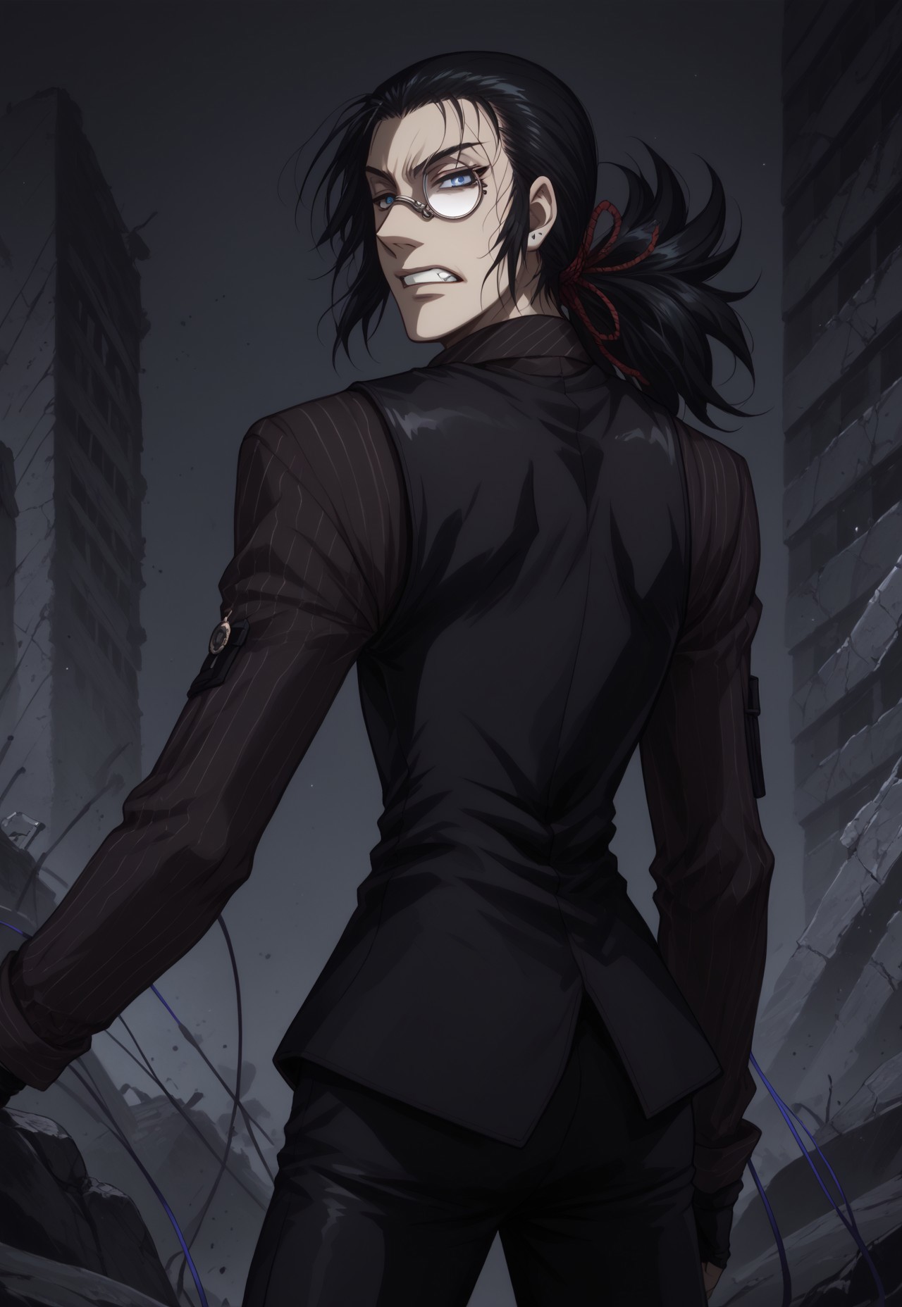 score_9, score_8_up, score_7_up, 1 boy, solo, DarkWalter, blue eyes, black hair, back slicked ponytail, red hair ribbon, monocle, monocle over left eye, black tie, black vest, black pinstripe shirt, black pants, black shoes, black fingerless gloves, keychain, looking at viewer, angry, clenching teeth, fighting stance, ruins, wires, wires swirling around,