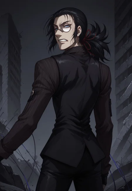 score_9, score_8_up, score_7_up, 1 boy, solo, DarkWalter, blue eyes, black hair, back slicked ponytail, red hair ribbon, monocle, monocle over left eye, black tie, black vest, black pinstripe shirt, black pants, black shoes, black fingerless gloves, keychain, looking at viewer, angry, clenching teeth, fighting stance, ruins, wires, wires swirling around,
