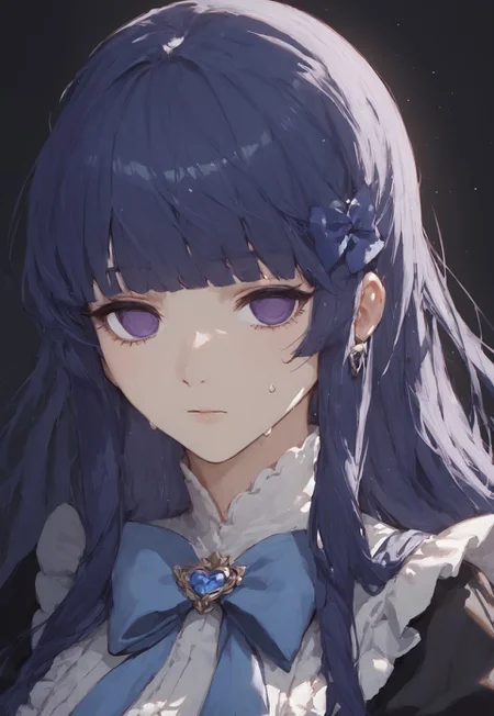 zPDXL3, score_9, score_8_up, score_7_up, ASCII, masterpiece,frederica bernkastel, umineko no naku koro ni, 1girl, black background, black dress, blue hair, blunt bangs, bow, dress, empty eyes, expressionless, frilled dress, frills, hair over shoulder, long hair, looking at viewer, puffy sleeves, purple eyes, solo, straight hair, close up face sweaty