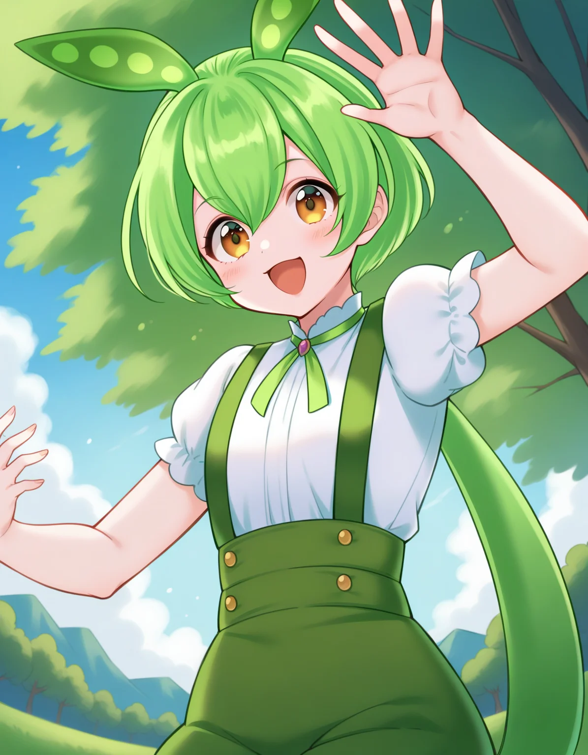 1girl, zundamon, ponytail, suspender shorts, white shirt, neck ribbon, green brooch, green shorts, green footwear, shorts, suspenders, short sleeves, puffy sleeves, smile, standing, open hand, outdoors, nature, tree, blue sky, (upper body:1.2), looking at viewer, from below, dynamic pose, masterpiece, best quality, very aesthetic, rating: general, <lora:zundamon_v1:1>