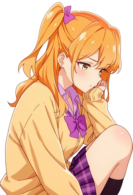 masterpiece,high quality details,absurdres,
<lora:Chibana_Sumika:0.8>
sumika_cnr, 1girl,orange hair, long hair, yellow eyes,one side up, bangs,stud earrings,
sumika_s2, gyaru, kogal, plaid skirt, pleated skirt, yellow cardigan, collared shirt, hair bow,purple bowtie, kneehighs, stud earrings, long sleeves,, simple background, white background, from side,solo,, d:,