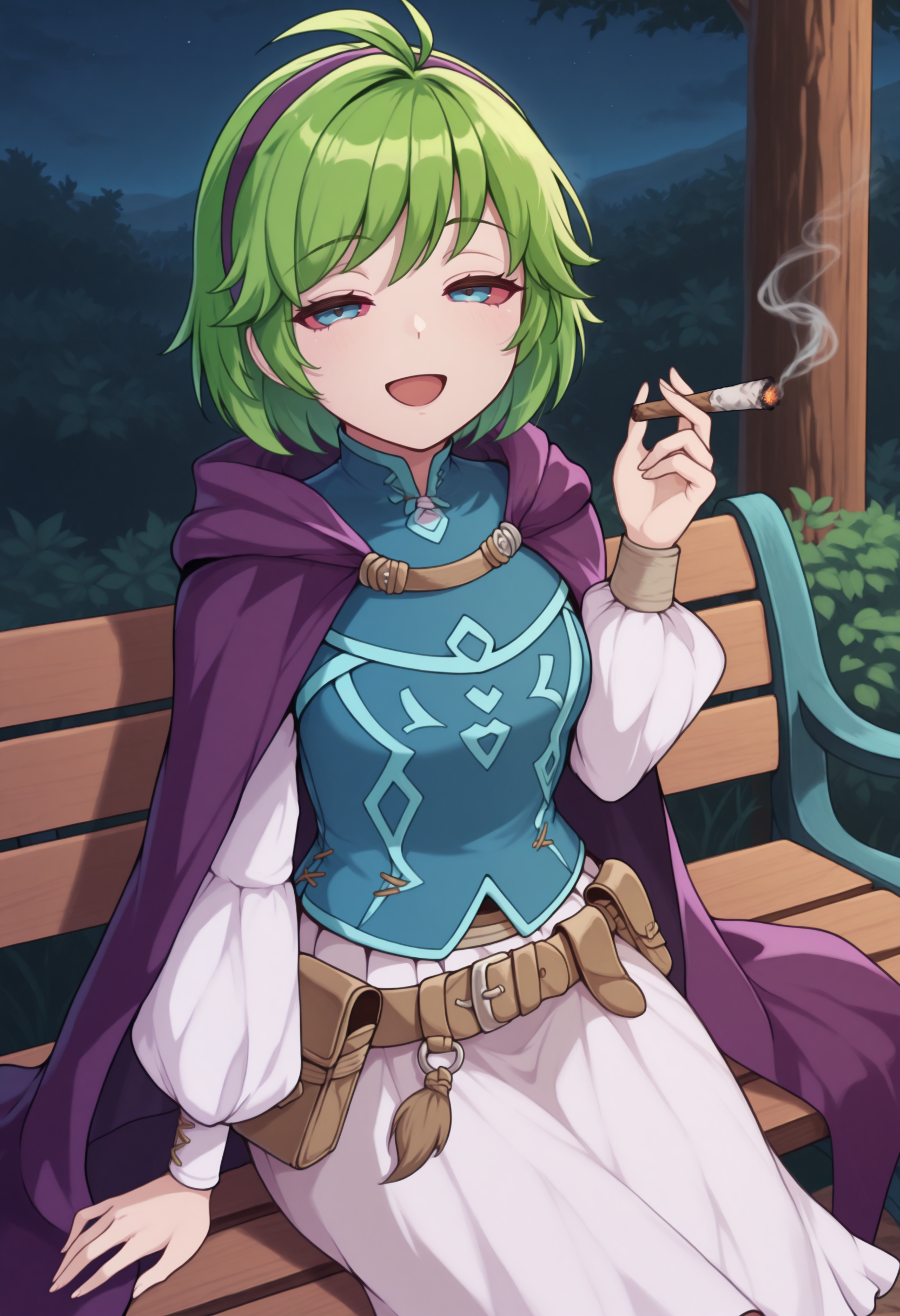 masterpiece, best quality, solo, 1girl, looking at viewer,  <lora:Stoned-illus_Fp:1>, colored sclera, smoking, joint \(drug\),  <lora:nino-fe-richy-v1_ixl:1>, nin0d, blue eyes, green hair, short hair, antenna hair, purple hairband, blue shirt, purple cloak, long sleeves, white sleeves, white skirt, brown belt, belt pouch, :D, outdoors, bench, sitting, half-closed eyes, holding, night,