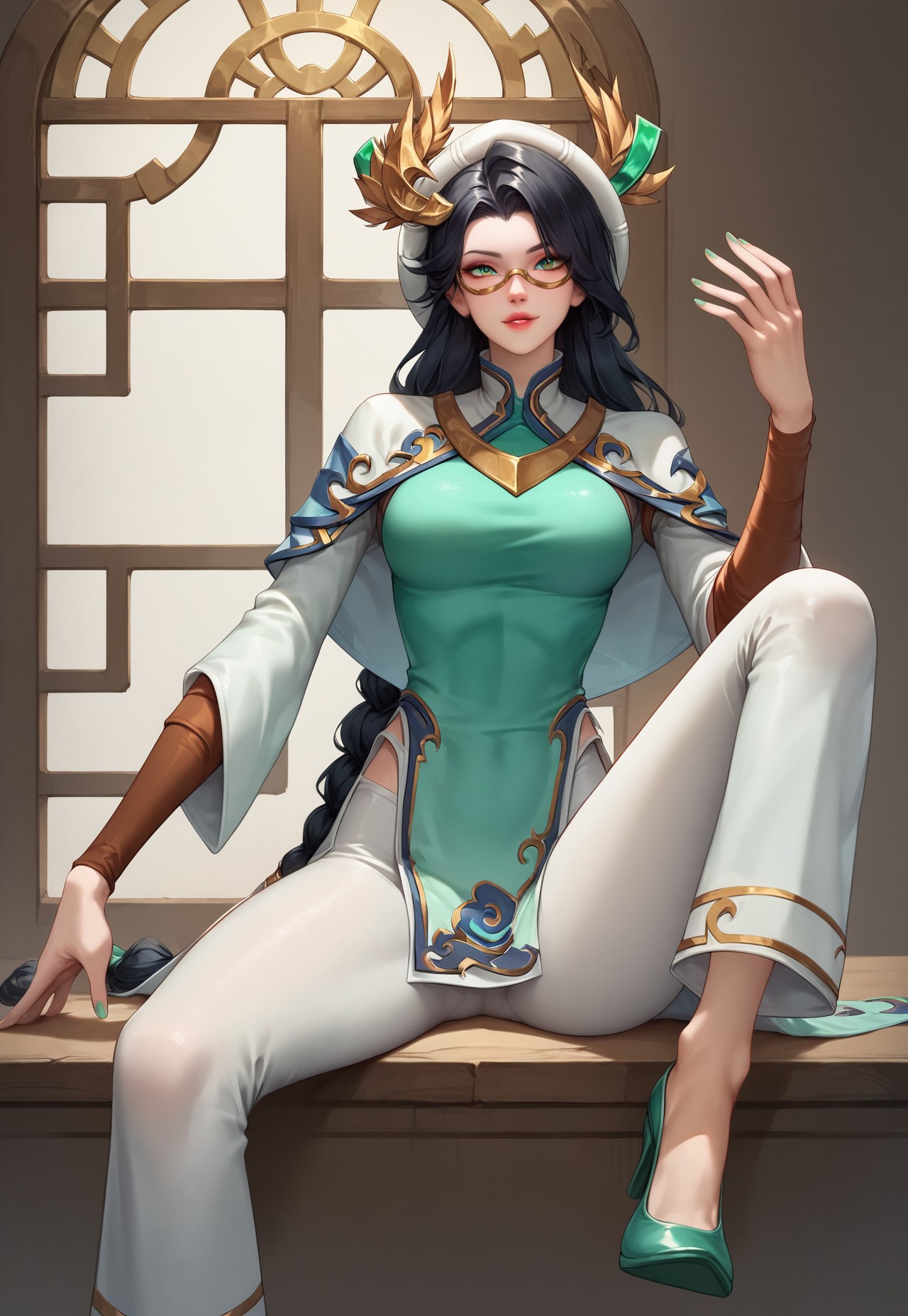 safe_pos, score_9, score_8_up, score_7_up, score_6_up, source_anime, rating_explicit, 
1girl,  mlhg, green eyes, black hair, long hair, hair ornament, semi-rimless eyewear, red lips, low-tied long hair, single braid, hat, chinese cloth, long sleeves, white pants, high heels, green footwear, sitting, knee up,