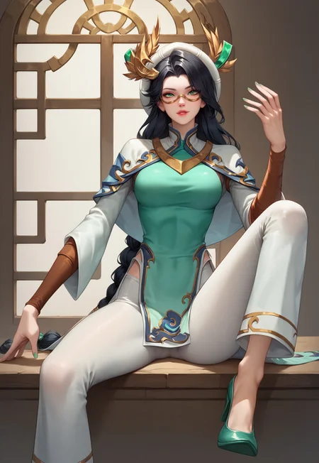 safe_pos, score_9, score_8_up, score_7_up, score_6_up, source_anime, rating_explicit,
1girl, mlhg, green eyes, black hair, long hair, hair ornament, semi-rimless eyewear, red lips, low-tied long hair, single braid, hat, chinese cloth, long sleeves, white pants, high heels, green footwear, sitting, knee up,