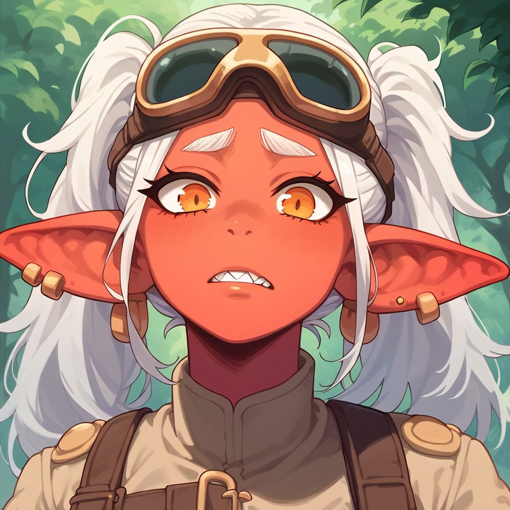 score_9, score_8_up, score_7_up, 1girl, solo, goblin girl,, red skin, orange eyes,, twintails, white hair, sharp tooth, nervous expression, ear piercing, earrings, long pointy ears, plump, looking at viewer, engineer uniform, little  female, forest background, dutch angle, goggles over head, full body, stand up