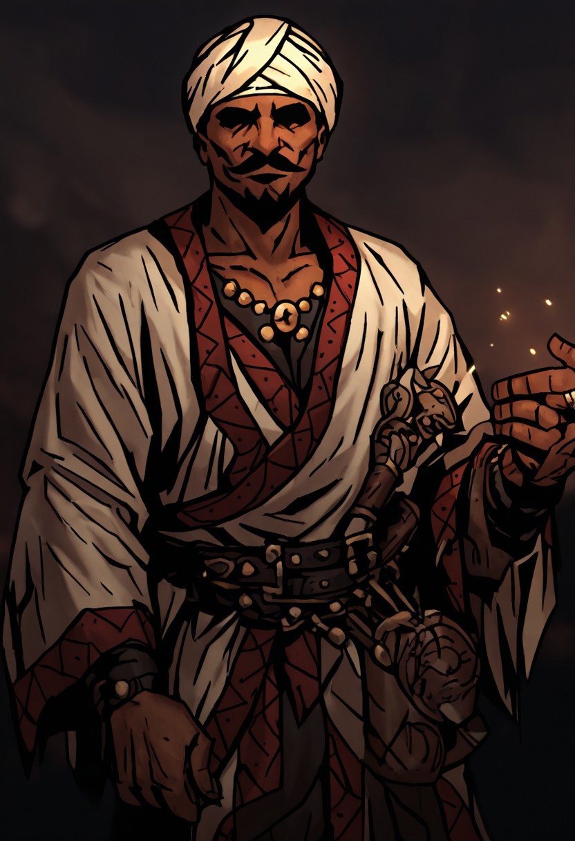 masterpiece, best quality, newest, absurdres, highres, DDstyle, official style, black eyes, shaded eyes, 1boy, DDOCC-V1.1, turban, headgear, facial hair, mustache, short hair, beard, arabian, arabian male,