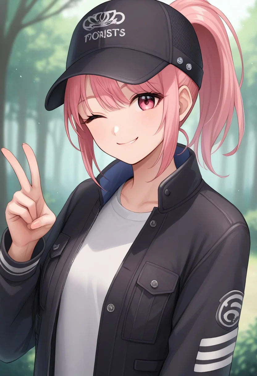 (source_anime, score_9, score_8_up, score_7_up:1), 1girl, solo, pink hair, ponytail, bangs, hat, looking at viewer, smile, one eye closed, jacket, outdoors, forest