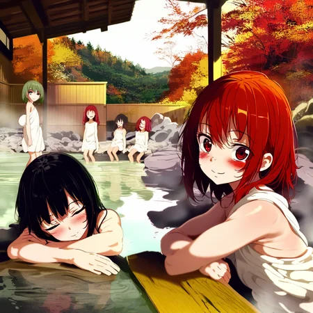 great quality,3girl,multiple girls,,absurdres,,ENStyle,,(almic,akakura,ogipote,dikko:0.7), (sincos:0.6), onsen,reflective water,rocks,green hair,black hair,red hair,upper body,Sitting, walking,rest arms,standing,autumn,scenery,very close to viewer, out of frame body,smile ,looking at viewer,looking away,surprised,sleeping,from side,wooden wall