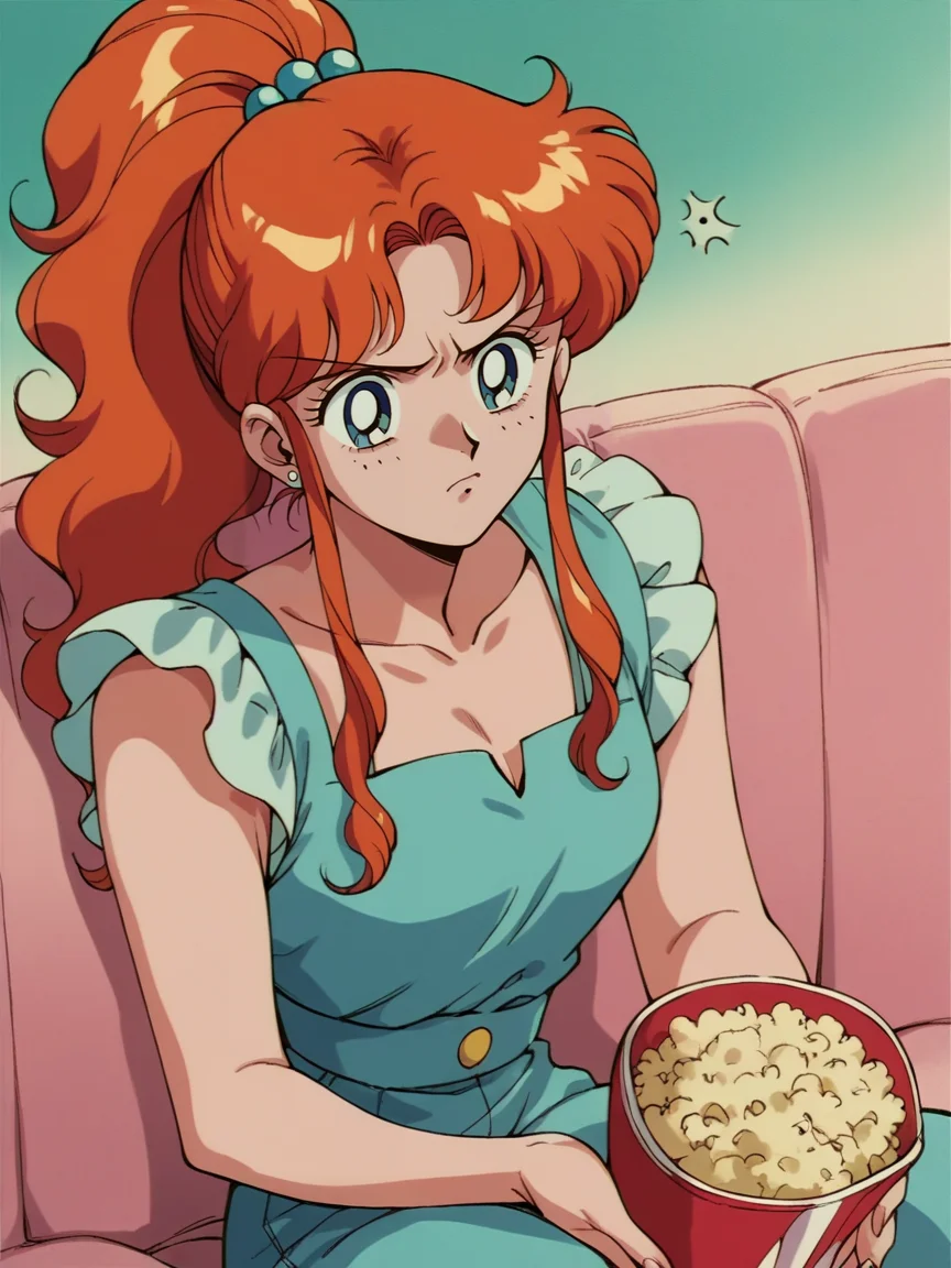 score_9, score_8_up, score_7_up, score_6_up, score_5_up, <lora:s41l0rm00nXLP:1> s41l0rm00n, retro artstyle, 1girl, ginger hair, popcorn, annoyed, solo,