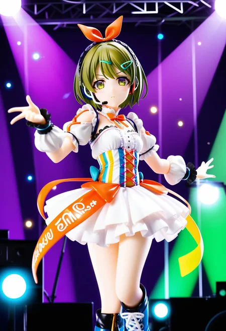 n_nanakusa, score_9, score_8_up, best quality,
1girl, green eyes, green hair, short hair, solo, looking at viewer, bangs, hairclip, hair ribbon, small breasts, blush, serious, glowstick, lights, bare arms, multicolored dress, boots, concert, detached sleeves, dress, idol, idol clothes, indoors, posing on stage, puffy detached sleeves, puffy short sleeves, puffy sleeves, short sleeves, solo focus, spotlight, idol concert, looking at viewer, headset, colorfull stage, stage lights, pillar, neon
<lora:n_nanakusaXL_pony:1>