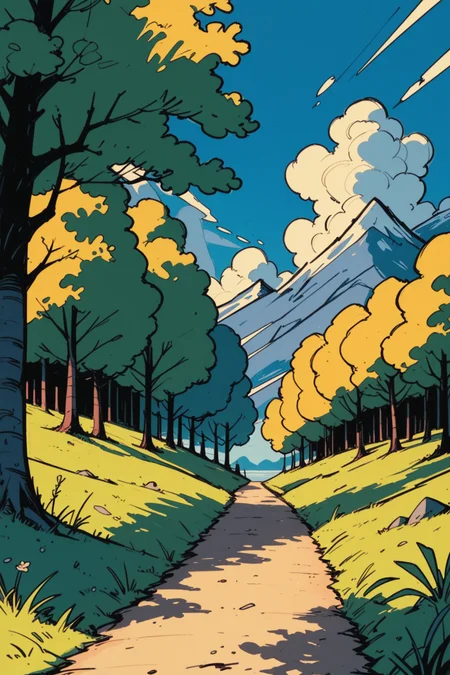 scenery, no humans, nature, forest, tree, outdoors, grass, sky, path, plant, night, day, a_Comic_Illustration, rough lines with ink, (drawn:1.1), (sketch:1.5), (crosshatching:1.25), (comic style:1.1), graphic novel style, sharp lines, hires, zstyle, (western comics \(style\):1.1), (hatching \(texture\):1.2), zPDXL, Mr_Monster_Possitive, <lora:Expressive_H:0.5>, score_9, score_8_up, score_8_up,