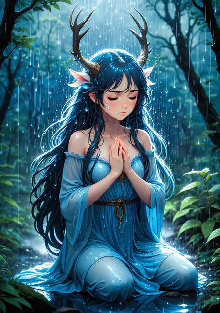 2D anime style, inspired by Studio Ghibli, mystical girl with long hair and ethereal horns, kneeling in a forest clearing under heavy rain, surrounded by sparkling blue energy and raindrops. She has an expressive, heart-wrenching gaze, reflecting her internal conflict and sadness. Her delicate fingers are gently touching the water, creating ripples as her tears blend with the raindrops. The intricate details in her outfit and surroundings, with vibrant and magical plants, create an enchanting and somber environment. The atmosphere is both melancholic and hopeful, as she grapples with her emotions and the awakening of her powers. High detail and complexity