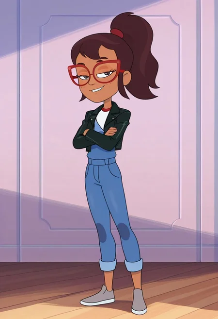 Hailey banks, 1girl, solo, tan skin, freckles, brown hair, brown eyes, ponytail, red glasses,
Blue overalls, One shoulder strap, red and white shirt, long sleeves, gray shoes, Black jacket, leather jacket,
full body, standing, smile, looking at viewer, smirk, Half-closed eyes, arms crossed,
