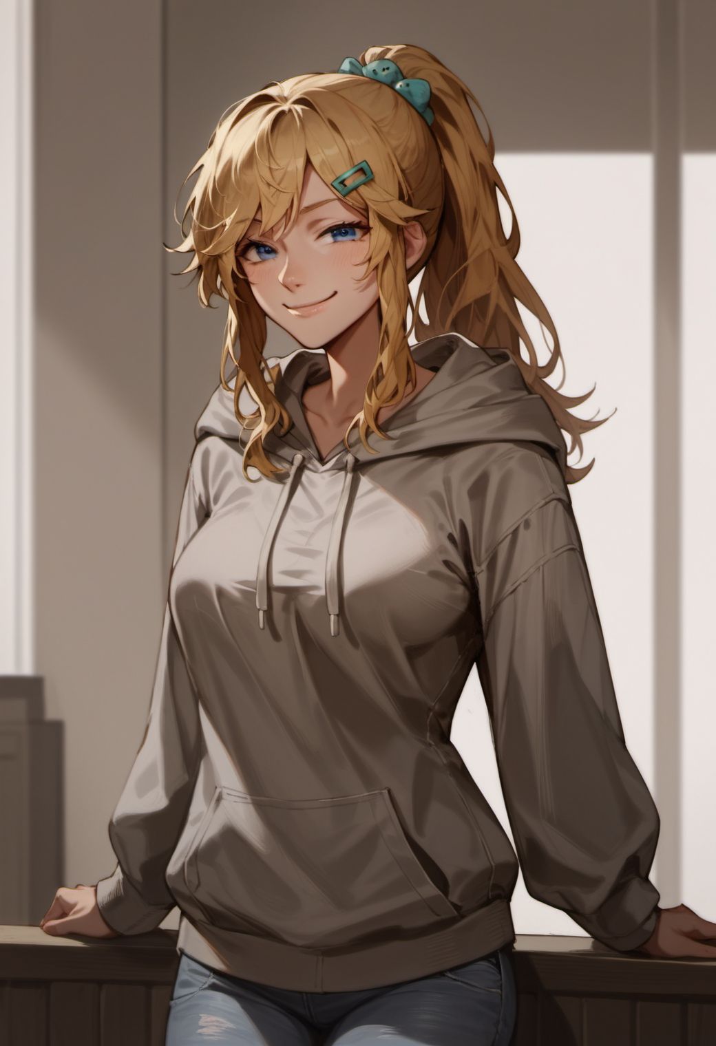 score_9, score_8_up, score_7_up, score_6_up, gravitydusty style,
1girl, solo, long hair, looking at viewer, smile, hair ornament, long sleeves, closed mouth, blue eyes, standing, ponytail, hairclip, indoors, hood, (blond hair), hoodie, hood down, smug, grey hoodie, jeans, medium breasts,
<lora:fix_hands:1.5>,
<lora:gravitydusty_style_v1-000007:0.8>