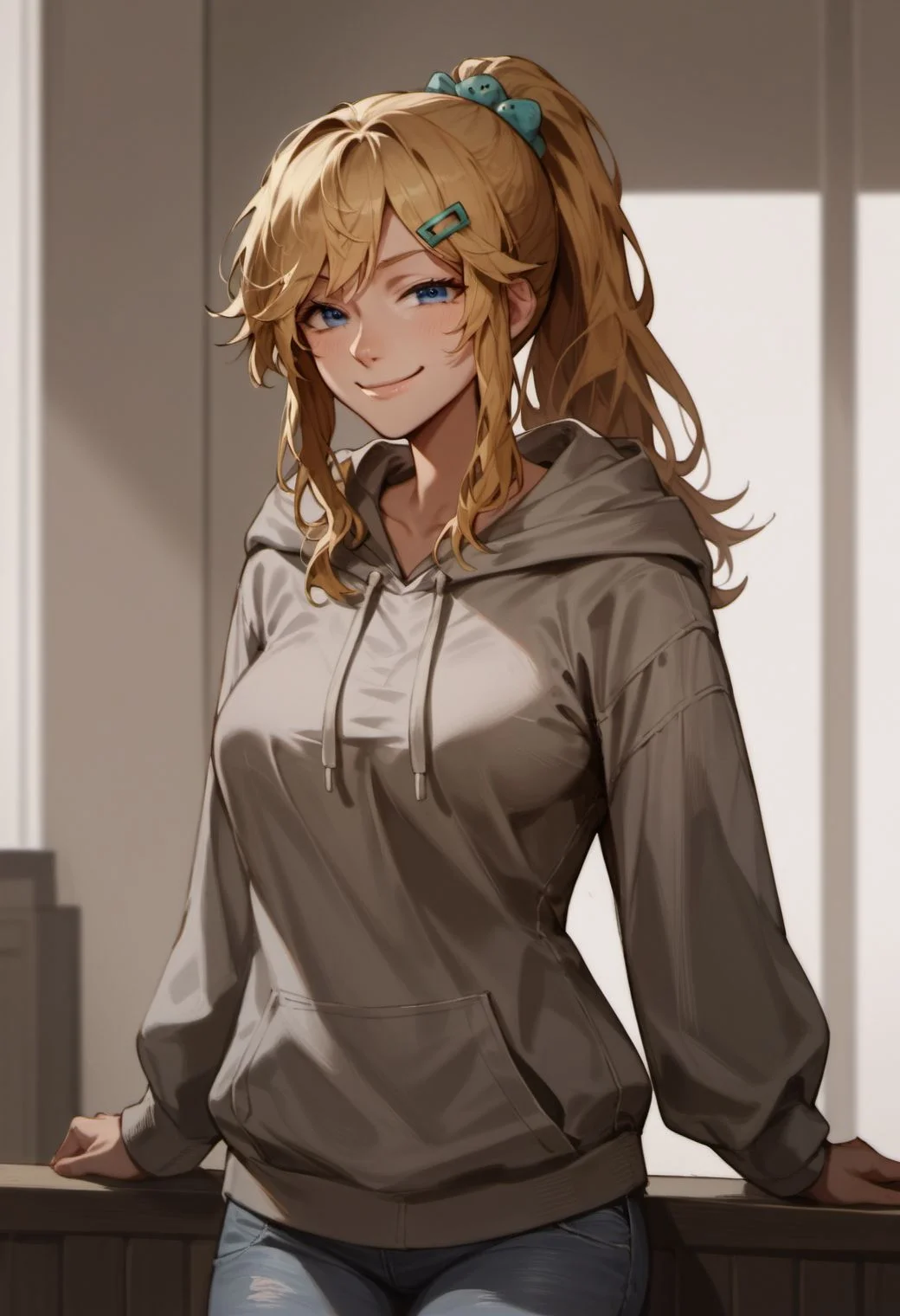 score_9, score_8_up, score_7_up, score_6_up, gravitydusty style,
1girl, solo, long hair, looking at viewer, smile, hair ornament, long sleeves, closed mouth, blue eyes, standing, ponytail, hairclip, indoors, hood, (blond hair), hoodie, hood down, smug, grey hoodie, jeans, medium breasts,
<lora:fix_hands:1.5>,
<lora:gravitydusty_style_v1-000007:0.8>