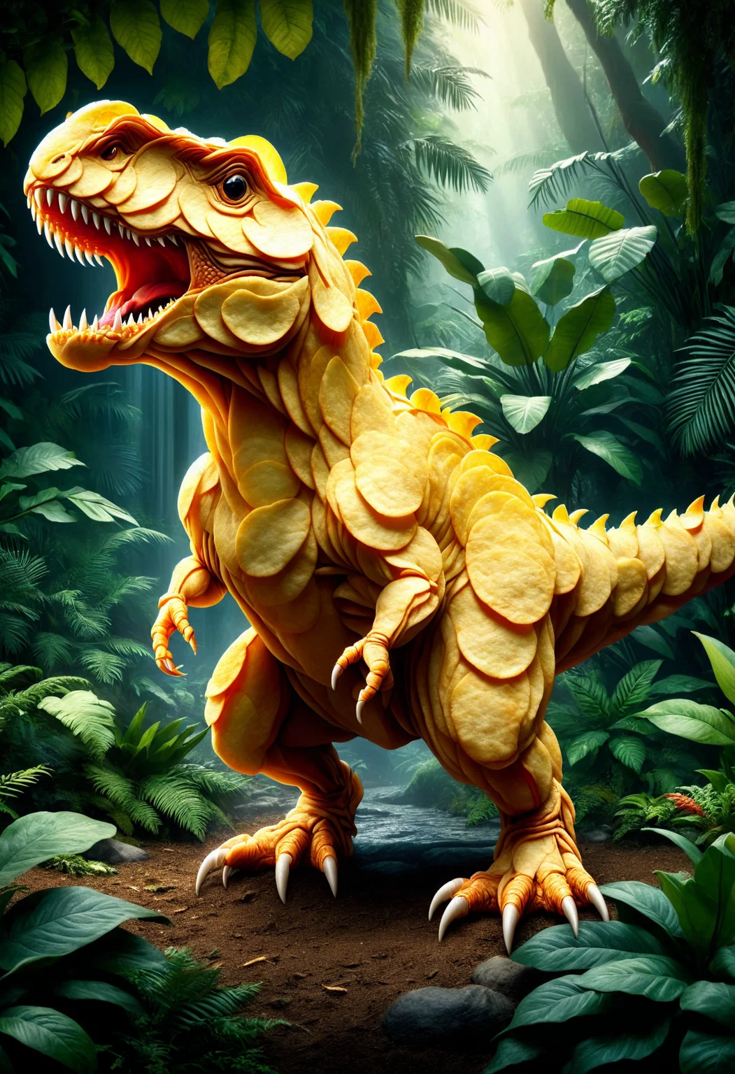Majestic dinosaur, ancient scales, fierce gaze, lush jungle backdrop, roaring, dynamic pose, by Annie Leibovitz, Nikon D850, realistic details, dramatic lighting, made out of potato chips, <lora:PinkiePttChpsSDXL-v1:1>, p1nkch1ps,