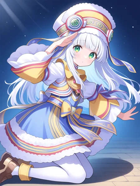 perfect quality,best quality,absolutely eye-catching,ambient occlusion,raytracing BREAK
1girl,<lora:riria IL v1.1:0.9>,riria,white hair,green eyes,long hair,hat,dress,lace trim,wide sleeves,long sleeves,shoes,ribbon,whie pantyhose,, from side, looking at viewer,cowboy_shot,bent_over,spread_fingers,salute,kneeling,