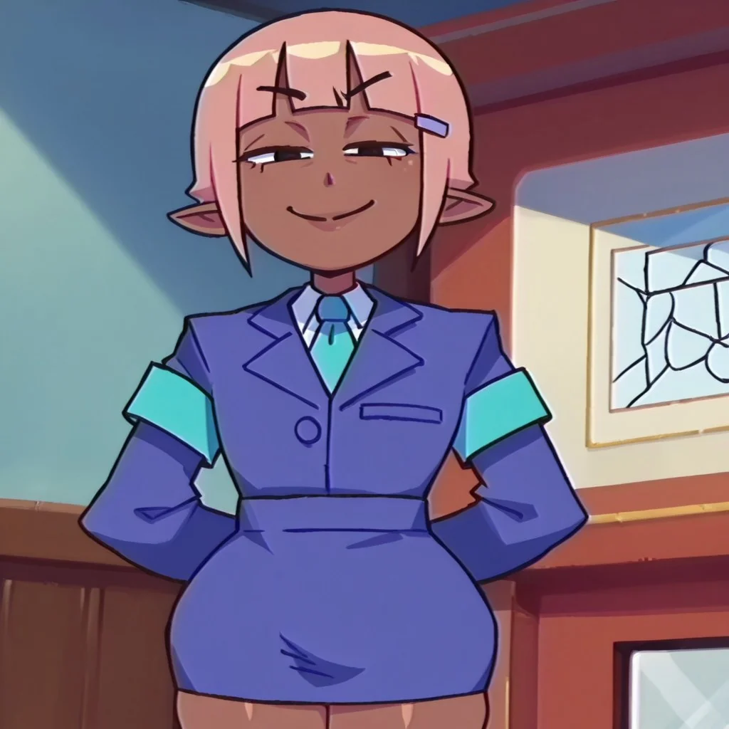 ,1boy,femboy,Mr.Jin,pink hair,dark-skinned male,pencil skirt,smile,looking at viewer,smug,suit jacket,