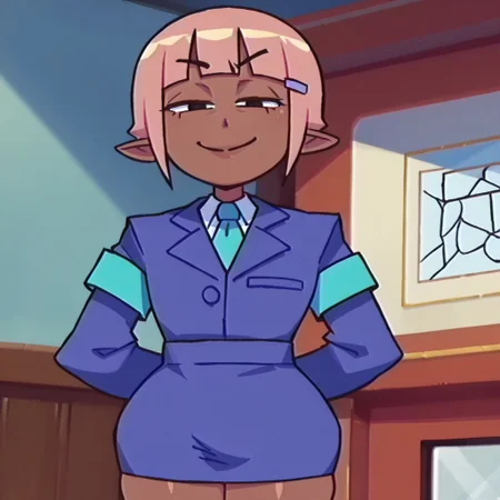 ,1boy,femboy,Mr.Jin,pink hair,dark-skinned male,pencil skirt,smile,looking at viewer,smug,suit jacket,