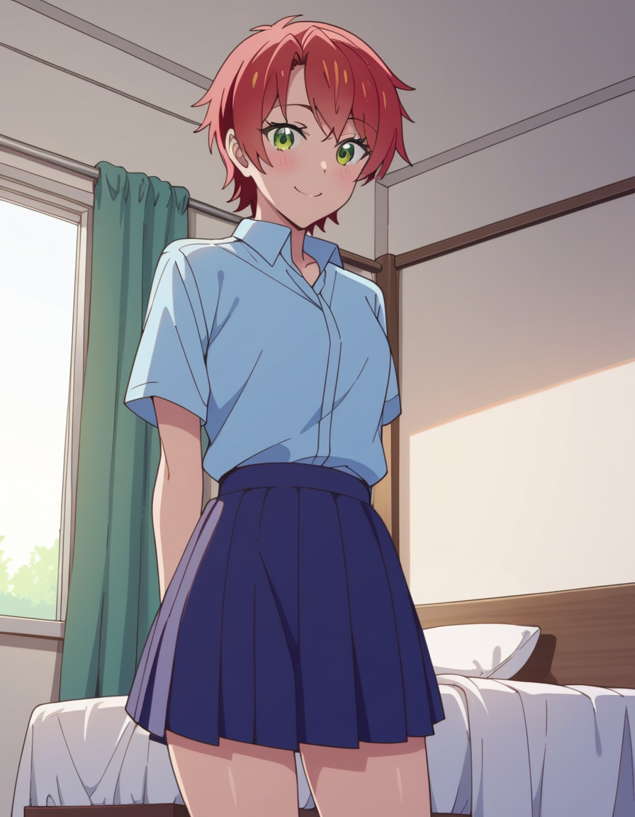 score_9, score_8_up, score_7_up, source_anime, uncensored, <lora:StS_detail_slider_v1:3>, zPDXLxxx, <lora:Mei_Hamano_PONYXL_VexVexX:1>, MeiHamano, 1girl, green eyes, red hair, short hair, bangs, medium-small breasts, school uniform, blue skirt, blue shirt, collared shirt, cowboy shot, bedroom, from front, standing, hands behind back, looking at view, thighs, smile,