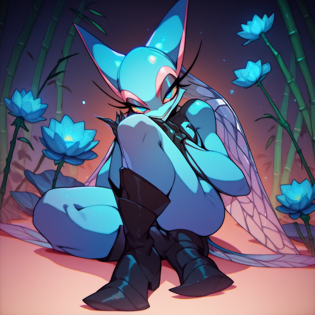 score_9, score_8_up, score_7_up, score_6_up, dark faerie, flying at night, beautiful face, heavy black boots, highly detailed, blue lotus blossom, bamboo, insect wings, twisting brambles, monster boy, perfect eyes looking at viewer, cyan and magenta, colored skin,
