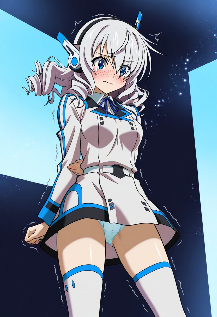 masterpiece, best quality, amazing quality, highres, absurdres, high resolution, ultra detailed, perfect details, aesthetic, ultra-detailed, high quality, newest, scenery, extreme detail, 8k, light particles, soft lighting, volumetric lighting, intricate details, finely detailed, detailed eyes, 1girl, solo, ENT_Girl, white hair, blue eyes, medium hair, curly hair, hair over one eyes, ENT_dress, ENT_Headphones, notched collar with blue trim, white ENT_uniform with blue trim, long sleeves, white belt, short dress, short skirt with blue trim, white thighhighs with blue trim, standing, upskirt, pantyshot, blushing, embarrassed, half-lid eyes, trembling, legs apart, InfiStratos Style