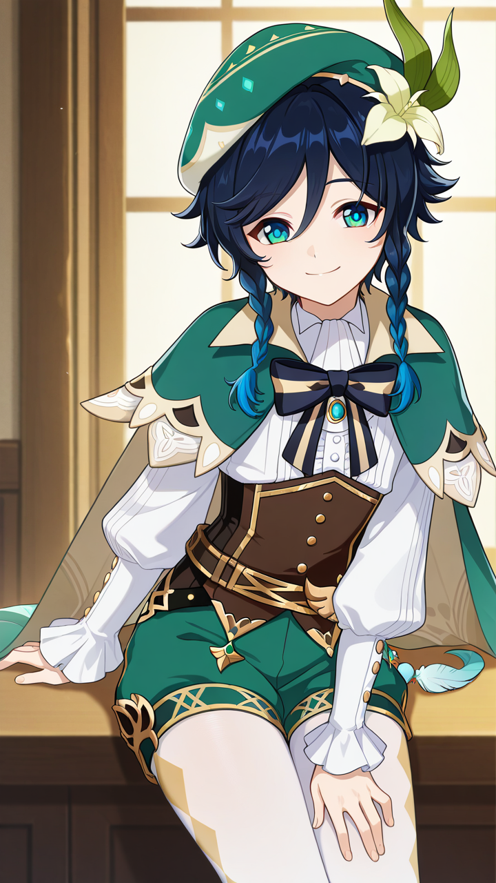 smile, solo,, masterpiece, best quality, amazing quality, very aesthetic, absurdres, newest, anime screencap, <lora:ventiILM:1>, venti (genshin impact), short hair with long locks, aqua hair, green eyes, aqua eyes, blue hair, black hair, braid, gradient hair, twin braids, side braids, hair between eyes, androgynous, beret, vest, collared cape, green hat, green cape, cecilia flower (genshin impact), green shorts, hat flower, white flower, hair flower, hair ornament, black bow, bow, bowtie, frilled sleeves, frills, long sleeves, striped bow, white pantyhose, pantyhose under shorts, white shirt,