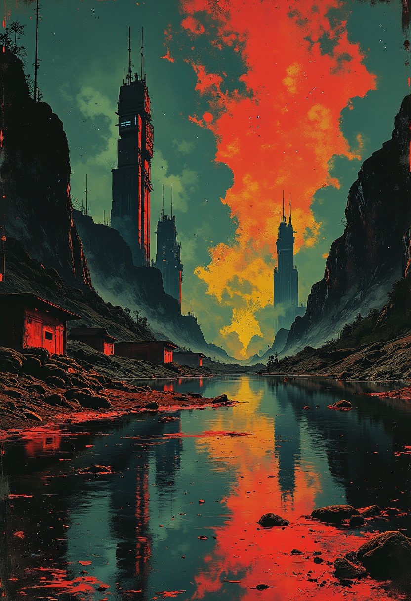 abstract oil painting, gradient vibrant neon colour, rough, textural, broad brush strokes, a futuristic sci-fi city with tall, perfectly reflected in a tranquil, still lake, at night, surreal colours, detailed night sky with stars and nebulas