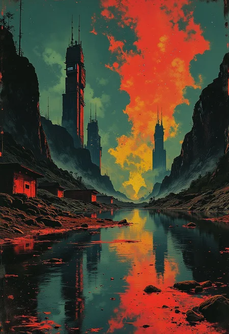 abstract oil painting, gradient vibrant neon colour, rough, textural, broad brush strokes, a futuristic sci-fi city with tall, perfectly reflected in a tranquil, still lake, at night, surreal colours, detailed night sky with stars and nebulas