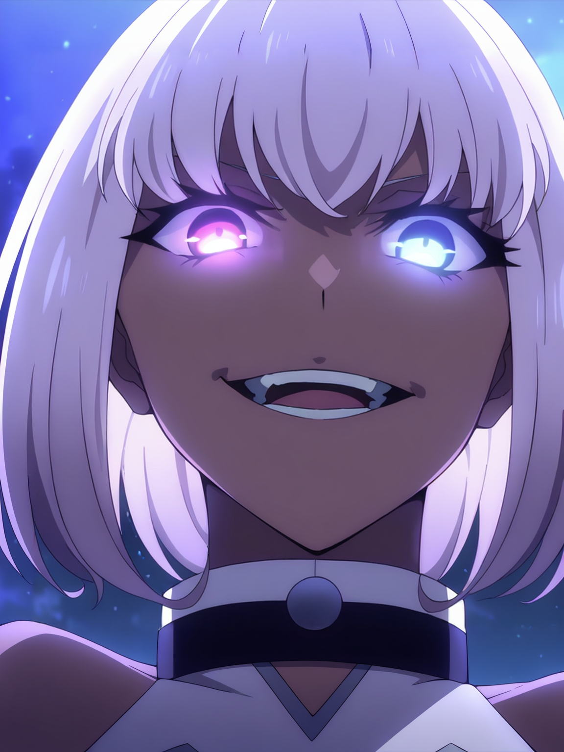 <lora:Alma:0.8>alma, 1girl, solo, dark-skinned, silver short hair, heterochromia, purple left eye, blue right eye, choker, detached sleeves, menacing smile, sadistic smile, teeth, tilted head, from below, close-up, looking at viewer, night sky, glowing eyes, cinematic lightings, moonlight