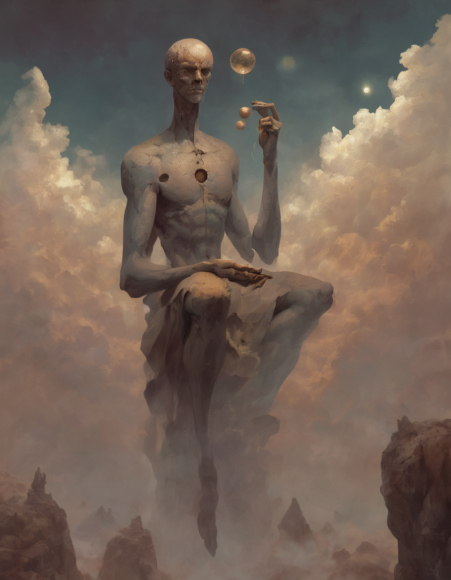 <lora:ptm0-000007:0.8>ptm0 a painting of a man with a head made out of a half moon three pointed stone with floating orbs levitating around him pressing his palms together with thin insect like body made out of thin flexible rocks, muted colors, light shining from behind, abstract, surreal, beksinkski, horror, dark art,  floating in the air, Bastien L. Deharme, magic the gathering artwork, an ultrafine detailed painting, altermodern