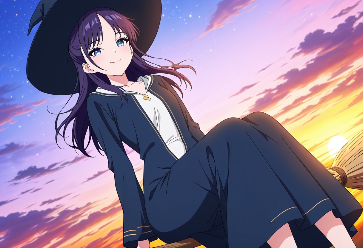 (absurdres, best quality, masterpiece:1.4), amazing quality, highres, newest, detailed, detailed body, detailed face, source anime, anime coloring, beautiful, floating, sunset, twilight sky, petite, unique perspective, dutch angle,
BREAK
WWNemu, 1girl, solo, beautiful smile, NemuAniHu, dark purple hair, parted bangs, half updo, blue eyes, witch hat, robe, white inner dress, broom riding, sidesaddle,