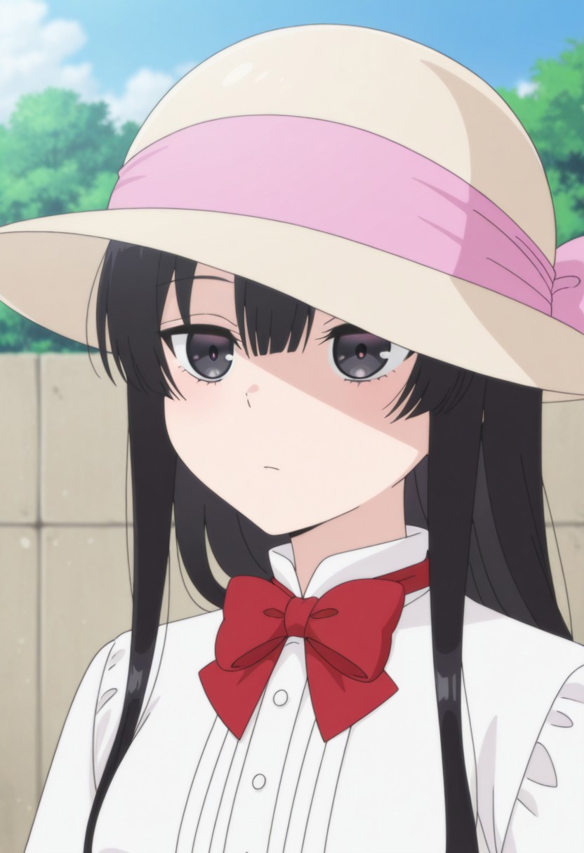 masterpiece,best quality,amazing quality, source_anime, 
YumiellaDolkness, 1girl, solo, black eyes, black hair, sun hat, shirt, white shirt, red bow,  outdoor, portrait,