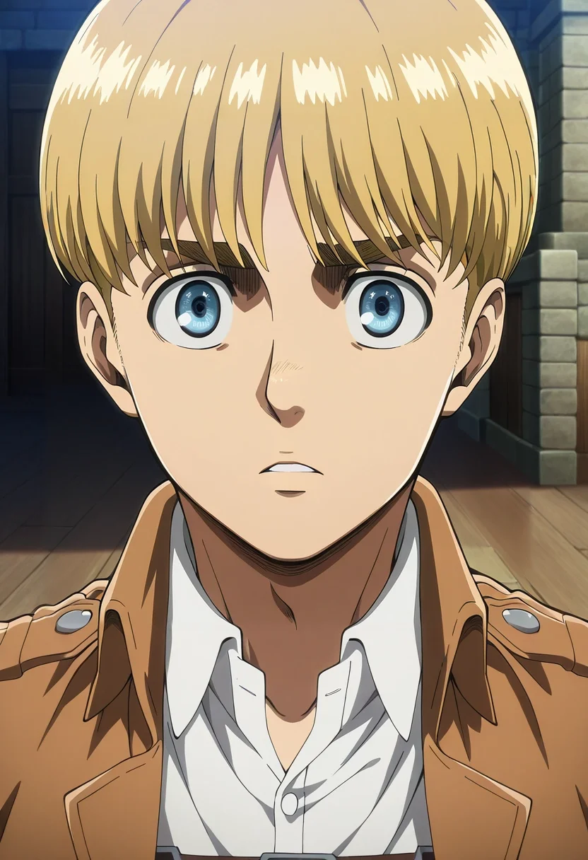 masterpiece, best quality, , anime screencap, anime coloring, official style, looking at viewer, , 1boy, solo, male focus, <lora:armin_arlert_ilxl:0.9>, armin_arlert, blonde hair, blue eyes, very short hair, bowl cut, , paradis military uniform, ,