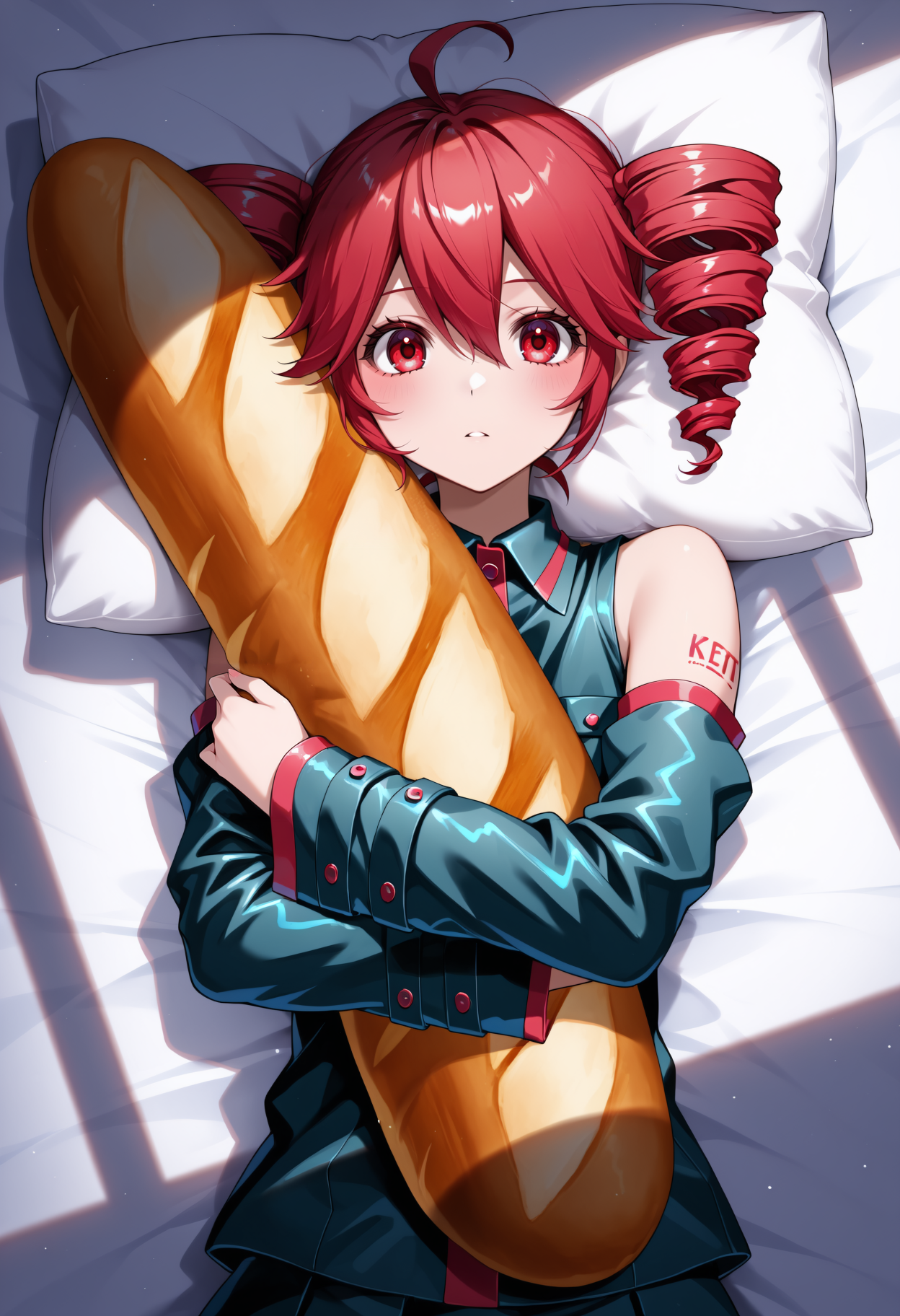 window shadow, shade, lying, on bed, pillow hug, food-themed pillow, baguette, kasane teto, drill hair, red eyes, red hair,  collared shirt, detached sleeves, looking at viewer, from above, <lora:window_shadow_NOOB-EPS1.1v3:0.9>